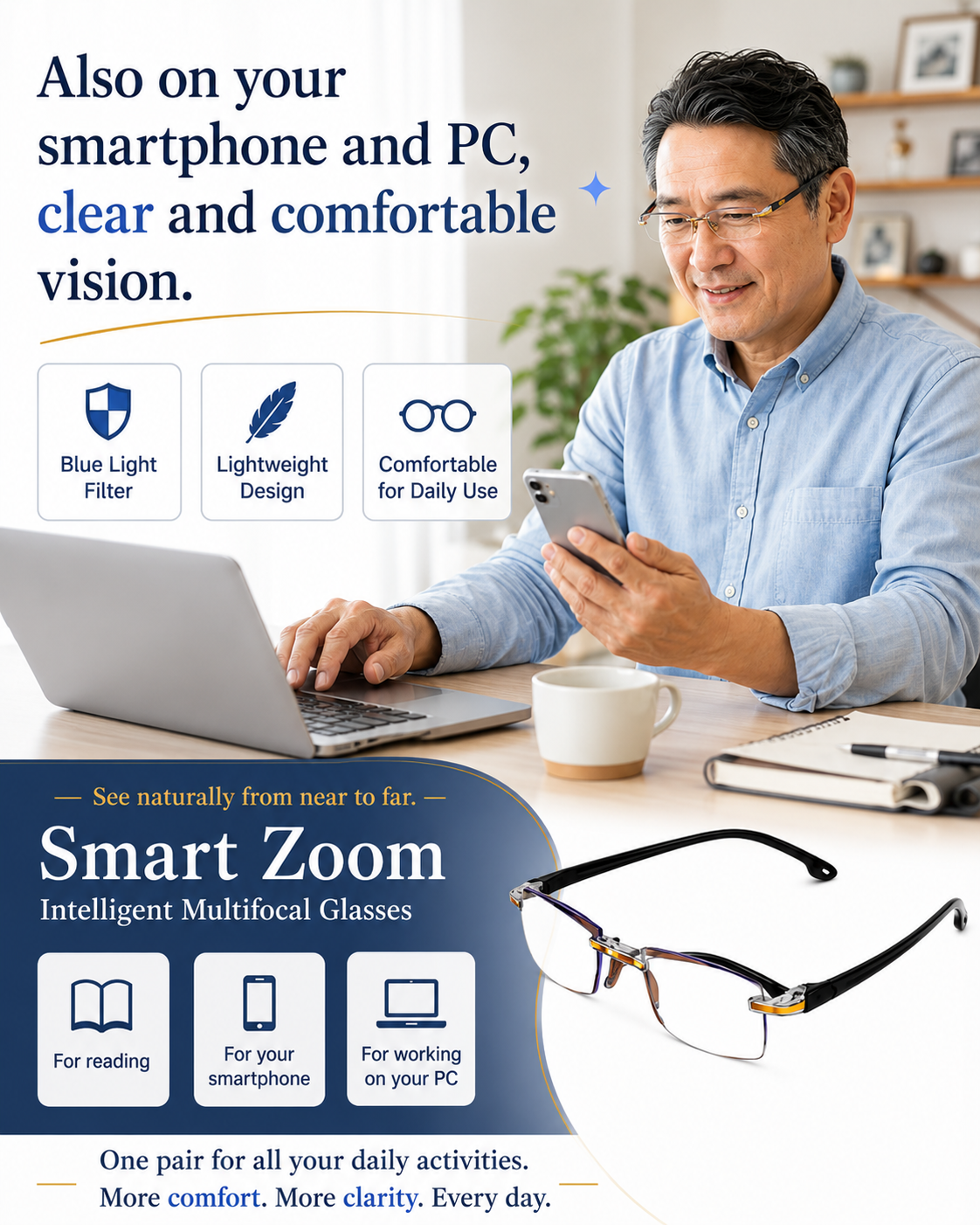 Smart Zoom™ Intelligent Multifocal Glasses | See Near and Far with Just One Pair.